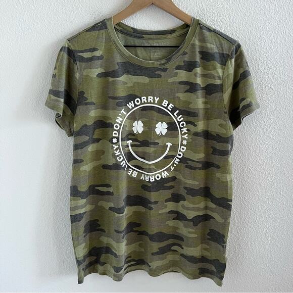 Lucky Brand Camo Camouflaged Happy Face Shamrock Graphic Tee Large - Picture 1 of 5